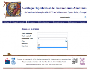 Búsqueda avanzada del Catálogo Hipertextual de Traducciones Anónimas